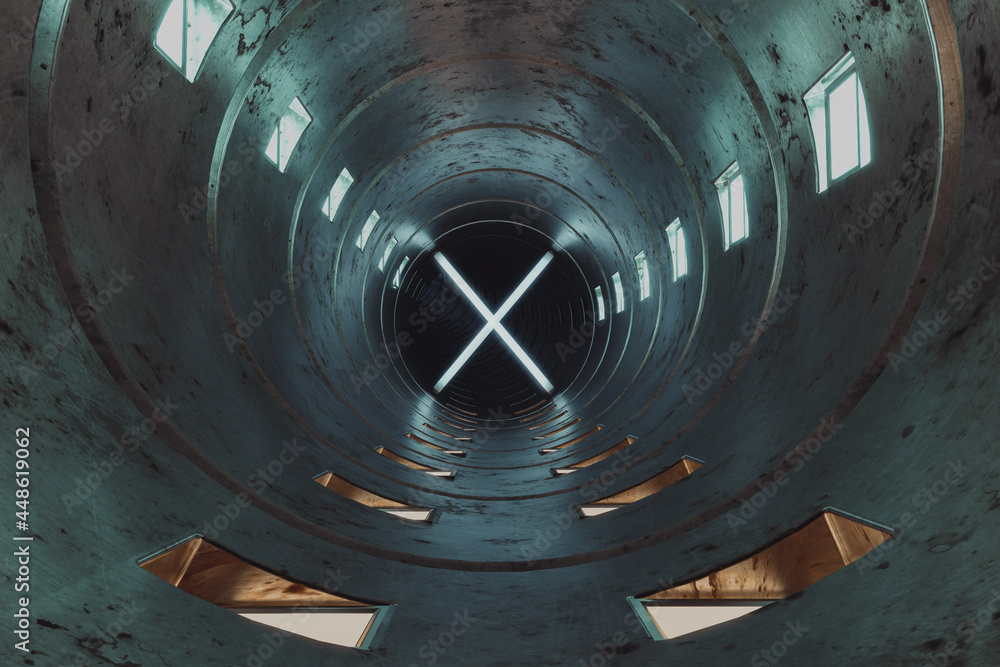 Poster 3d rendering of bright round tunnel with illuminated x at the end