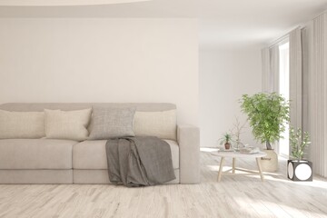 White living room with sofa. Scandinavian interior design. 3D illustration