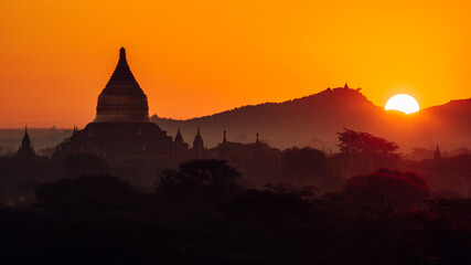 Bagan Myanmar, Pagodas, and temples of Bagan, in Myanmar, formerly Burma, a world heritage site during sunrise. 