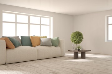 White living room with sofa. Scandinavian interior design. 3D illustration