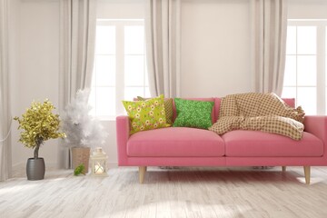 White living room with sofa. Scandinavian interior design. 3D illustration