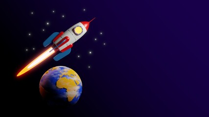 Rocket fly over the earth - 3d Flyer template. Toy Rocketship flying over planet earth. 3d illustration. 3D render