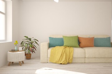 Fototapeta premium White living room with sofa. Scandinavian interior design. 3D illustration