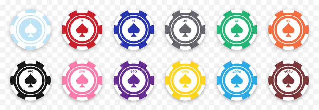 Poker chips color vector collection. Isolated Casino chip with dollar amount. Colorful Poker coins, tokens set. Poker gambling bet :  1 to 5000$. Vector illustration.