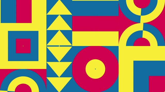 Motion trendy graphic. Geometric dynamic banner. Seamless looping. Footage with decorative mobile forms, abstract simple shapes. Bright, colorful background. Animation for modern web design, websites