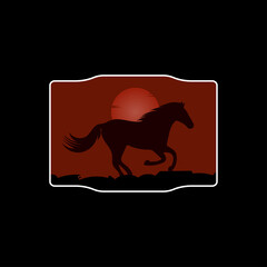 Black Horse Isolated in the evening running with reflected sunlight, logo design illustration
