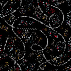 hand Drawn sketch wild flower and silver chain accessories seamless pattern in vector EPS10,Design for fashion,fabric,web,wallpaper,wrapping and all graphic type
