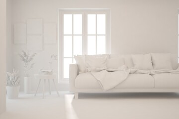 Mock up of stylish room in white color with sofa. Scandinavian interior design. 3D illustration