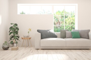 White living room with sofa and summer landscape in window. Scandinavian interior design. 3D illustration