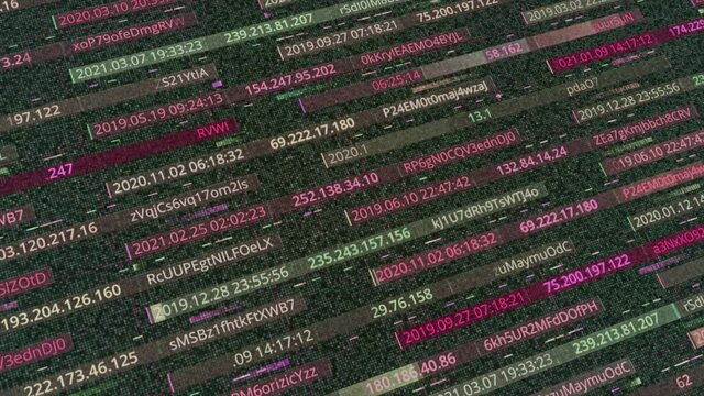 Encrypted fast scrolling hacking code data flow on a display, seamless loop. Animation. Colorful digital tripes with changing symbols.