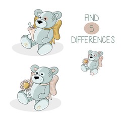 Cheerful small bear. Logic puzzle game for children. Need to find 5 differences. Vector cartoon illustration isolated on white background. All objects are separated.