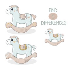 Beautiful baby horse. Logic puzzle game for children. Need to find 5 differences. Vector cartoon illustration isolated on white background. All objects are separated.