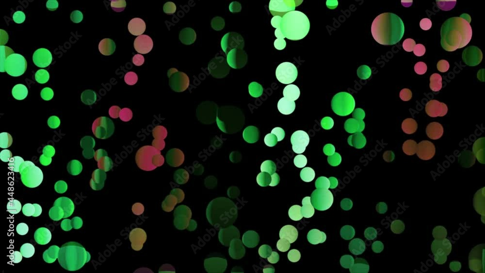 Poster orderly movement of colorful shiny round shaped particles over black backdrop, seamless loop. motion