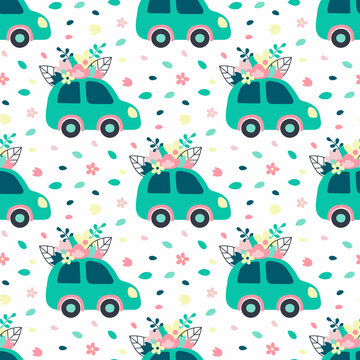 Seamless pattern with cars and flowers. Vector illustration
