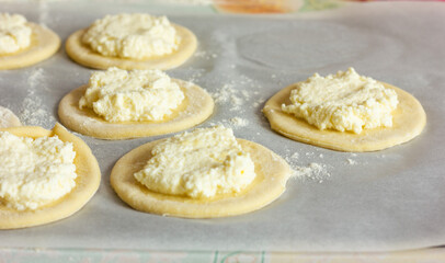 a circle of dough with cottage cheese filling on the table, cooking cheesecakes with cottage cheese