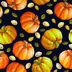 Pumpkin and seeds vector seamless background. Surface design