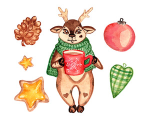 watercolor cute deer with red mug of cocoa, christmas toys, pine cone and gingerbread cookie
