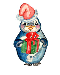watercolor penguin in a red cap with a gift