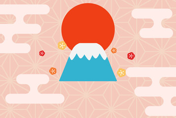 富士山と麻の葉模様　年賀状テンプレート　横位置　賀詞なし