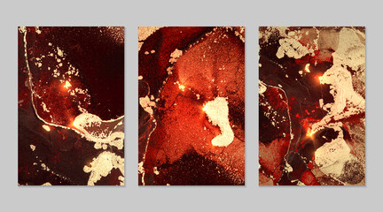 Marble set of gold, dark red and black backgrounds with texture. Geode pattern with glitter. Abstract vector backdrops in fluid art alcohol ink technique. Modern paint with sparkles for banner, poster