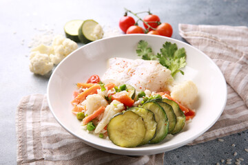 Seafood dish. White fish with rice and vegetables: zucchini, cauliflower, carrots, tomatoes and herbs in a white plate on a gray background. Background image, copy space