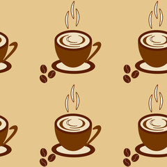 Seamless vector illustration of a hot cup of coffee with coffee beans on a beige background.