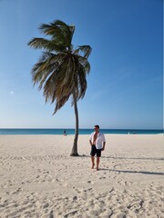 Palm Beach Aruba Caribbean, white long sandy beach with palm trees at Aruba Antilles, young man mid...
