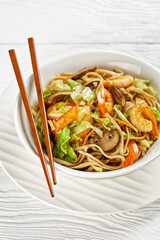 Prawn Yaki Udon with vegetables, top view