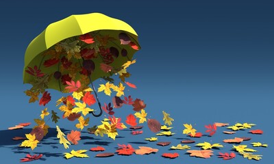 Open umbrella with bright flying autumn leaves. Creative 3D illustration. Place for your text.