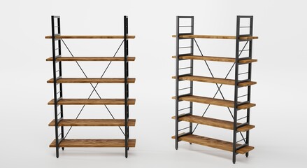 Wooden shelving with metal base, front and angle view. Empty rack in loft style for interior office or home, modern design. Mockup shelves for storage isolated on white background, 3d illustration © marozhkastudio