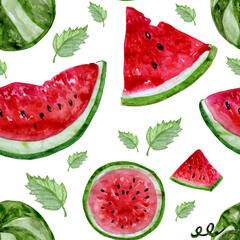 seamless pattern of watermelon slices and leaves on white background
