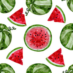 watercolor seamless pattern round green watermelons and triangular slices