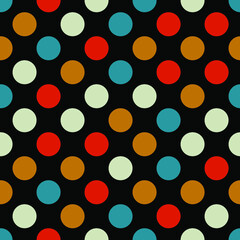 seamless pattern of multicolored circles on a dark background for prints on fabric, packaging, clothing, linen, as well as for interior decoration, covers and backgrounds