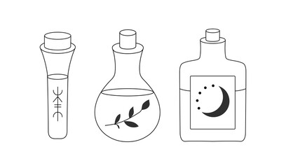 Set of Bottles with a Potion or Poison. Glass flasks on a white isolated background in line art style. Vials with magic signs. Vector illustration for icons and any design