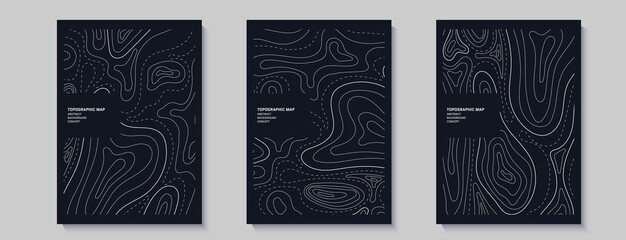 Set of topography flyers. Outline cartography landscape. Collection of three banners with topography relief map. Modern cover design with wavy lines. Vector illustration with weather outline pattern
