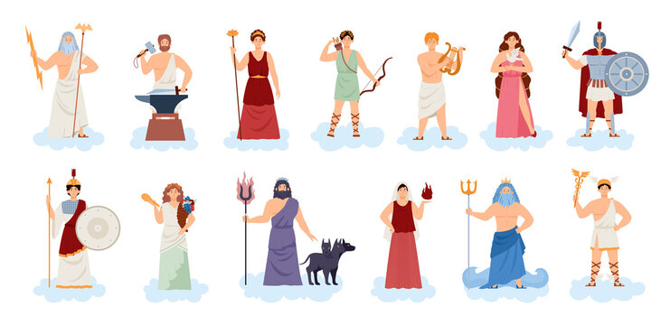 Olympic Greek or Roman gods and goddesses, flat vector illustration isolated.
