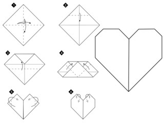 How to make origami heart. Step by step black and white DIY instructions. Outline monochrome vector illustration.