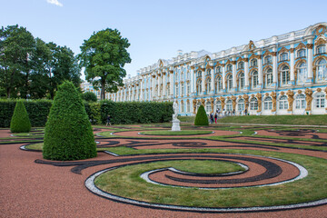 St. Petersburg, Russia, July, 21, 2021: the facade of the Catherine Palace with geometric flower...