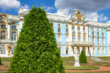St. Petersburg, Russia, July, 21, 2021: the facade of the Catherine Palace with geometric flower...