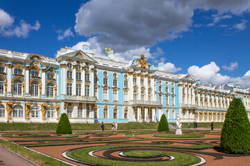 Pushkin, Leningrad Region, Russia - July, 21, 2021: the magnificent blue and white Catherine Palace...