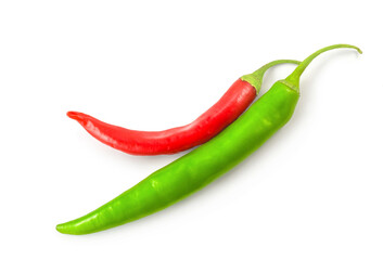 Ripe red and green peppers isolated on white background.