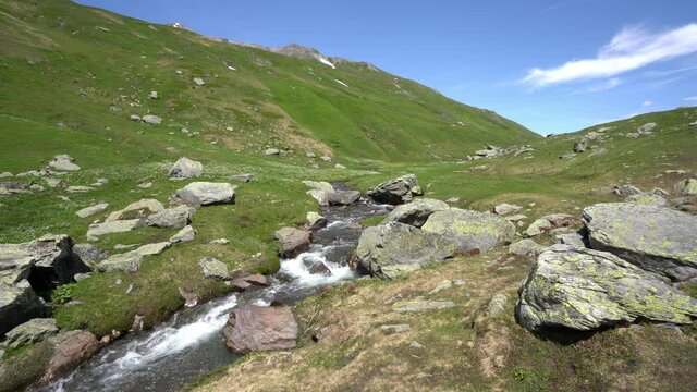 Beautiful landscape at the Little Saint Bernard Pass on a summer afternoon, between Italy and France.