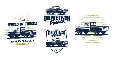 Vintage style vector badges of an old school farm pickup truck. Illustration for your sticker, logo, postcard, banner design for repair shop, maintenance service. © dmaryashin
