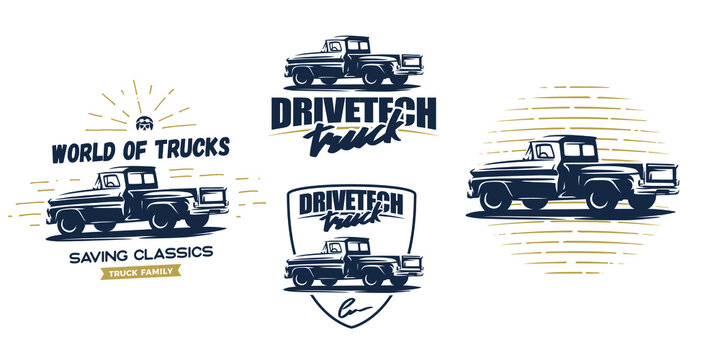 Vintage Style Vector Badges Of An Old School Farm Pickup Truck. Illustration For Your Sticker, Logo, Postcard, Banner Design For Repair Shop, Maintenance Service.