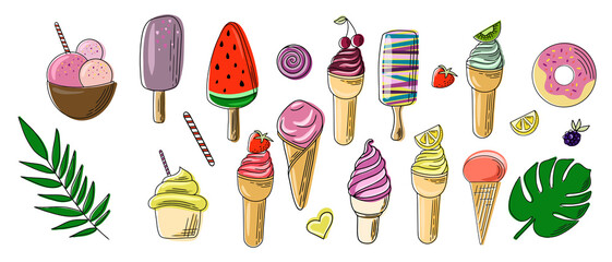 Complete collection of cartoon summer delicious ice cream in flat style. Vector illustration. Bright summer poster with sweet food.