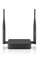 Front view of black wireless router with two antennas isolated 