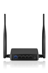 Back view of black wireless router with two antennas isolated 