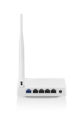 Back view of white wireless router with one antenna isolated