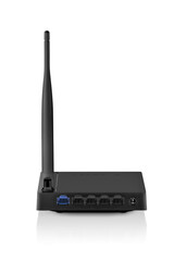 Back view of black wireless router with one antenna isolated