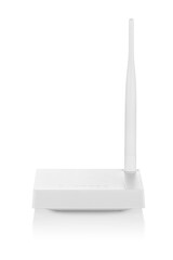 Front view of white wireless router with one antenna isolated